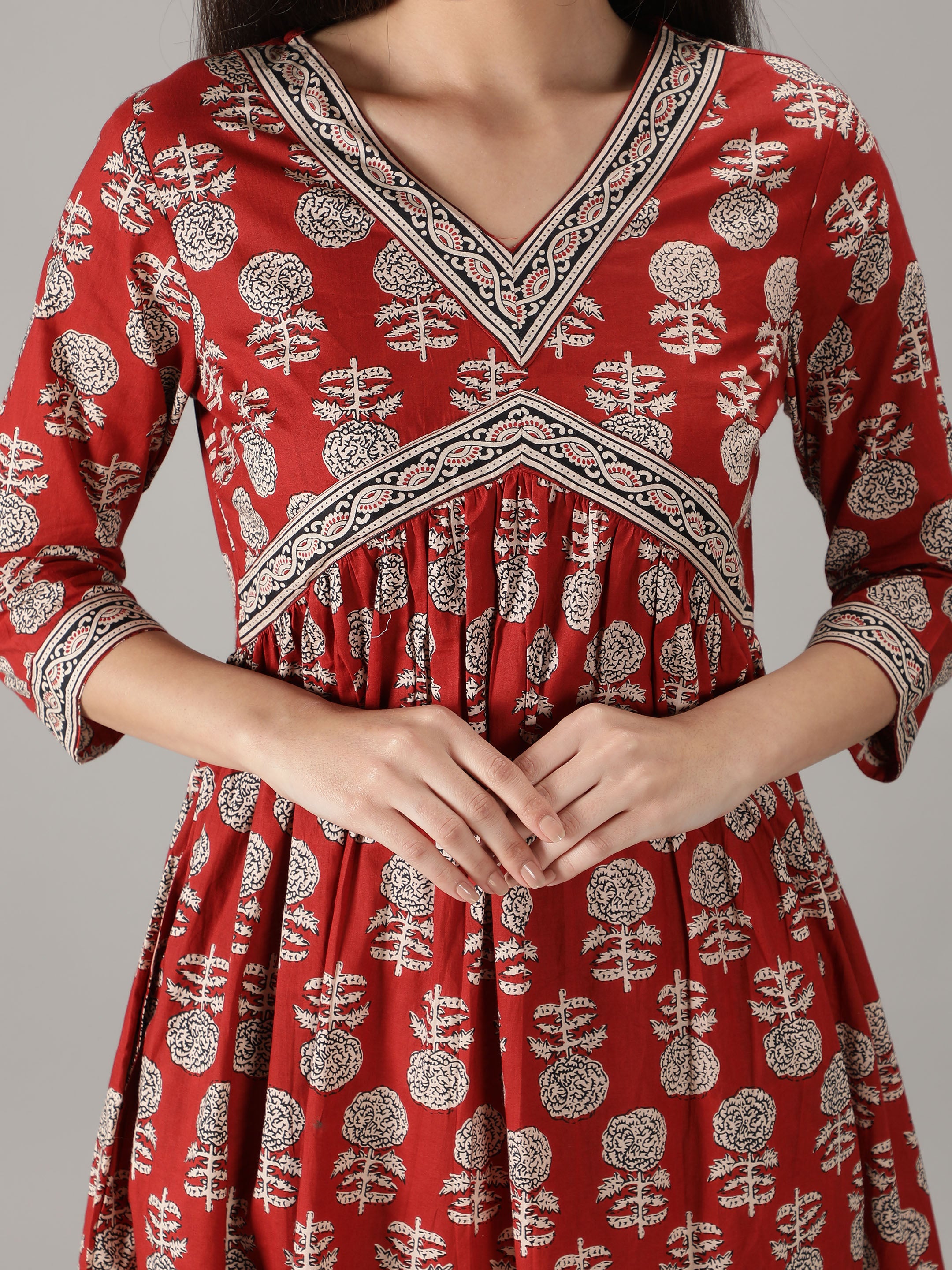 Maroon Cotton Printed A-line Kurta With Pant & Dupatta